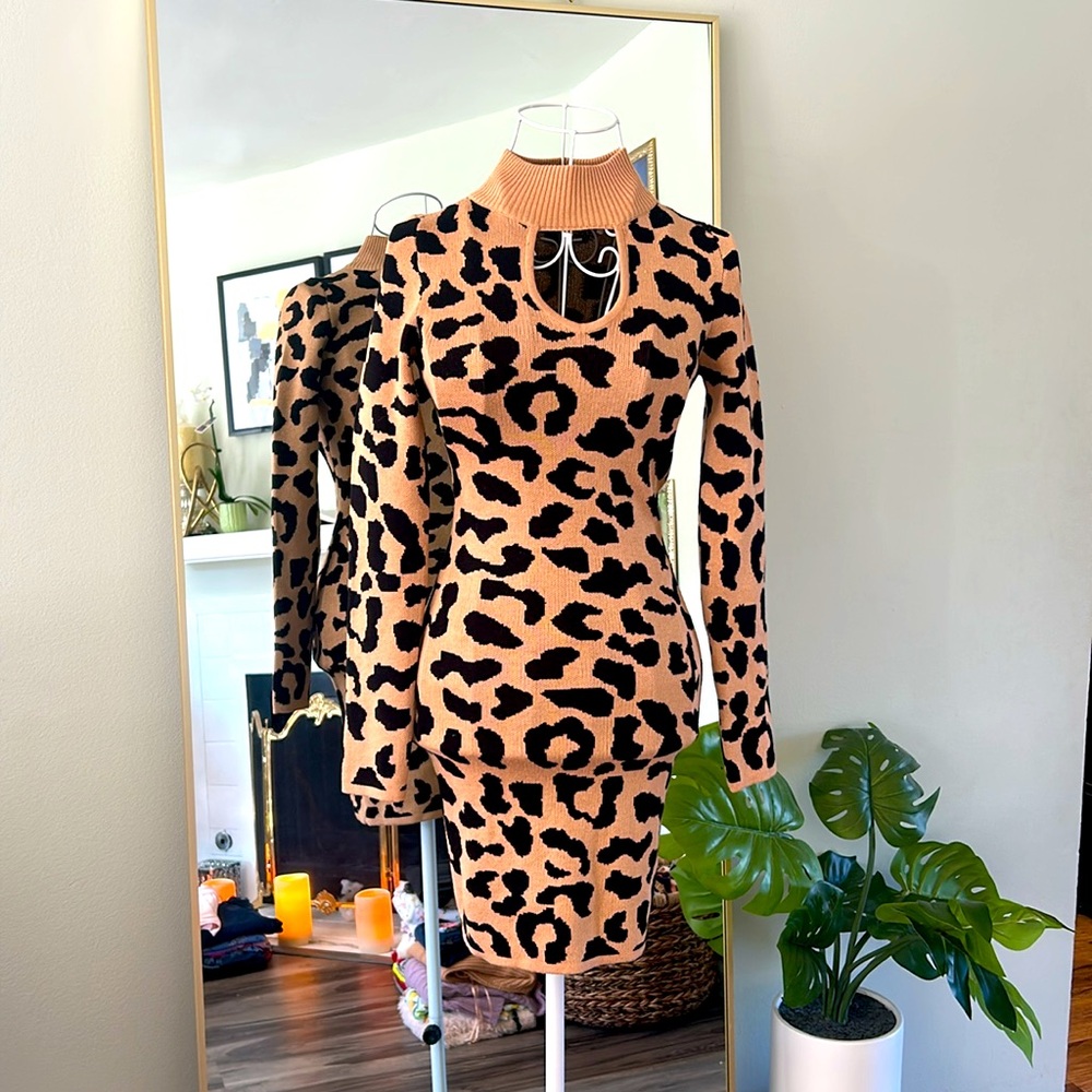 Love always Tan and Black Leopard Print Long Sleeve Dress